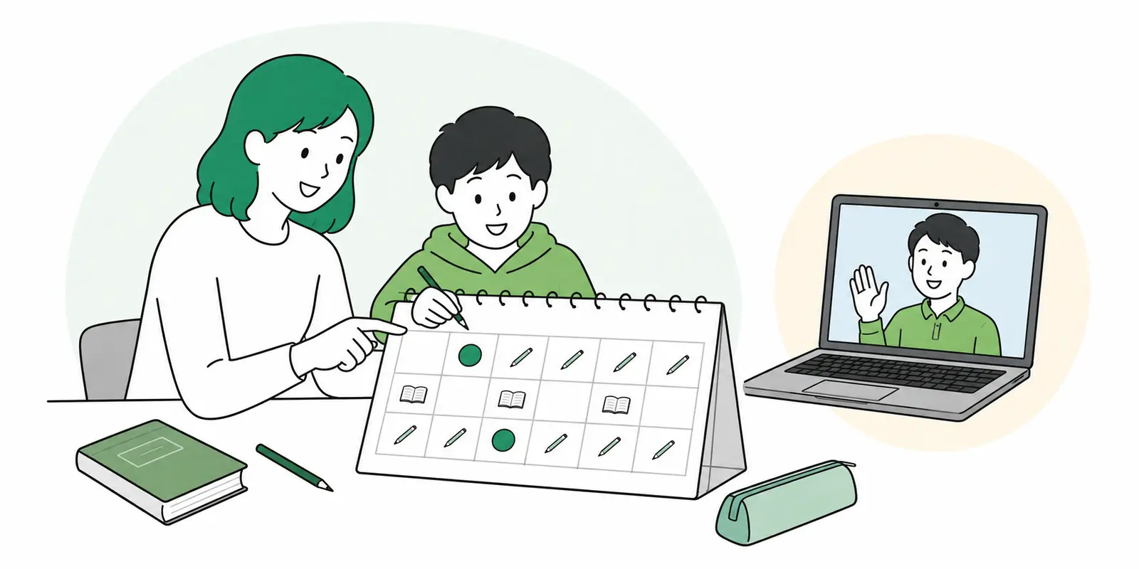 親子で一週間の授業日と家庭学習の日を確認している様子