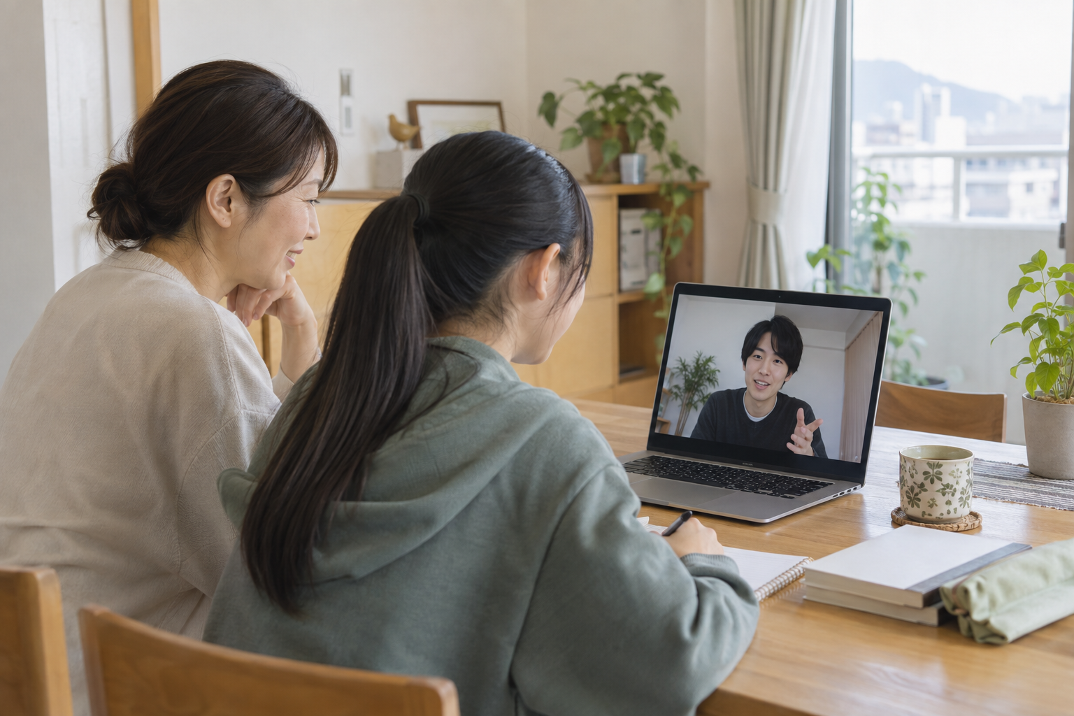 保護者と子どもがオンラインで大学生の家庭教師と話す様子