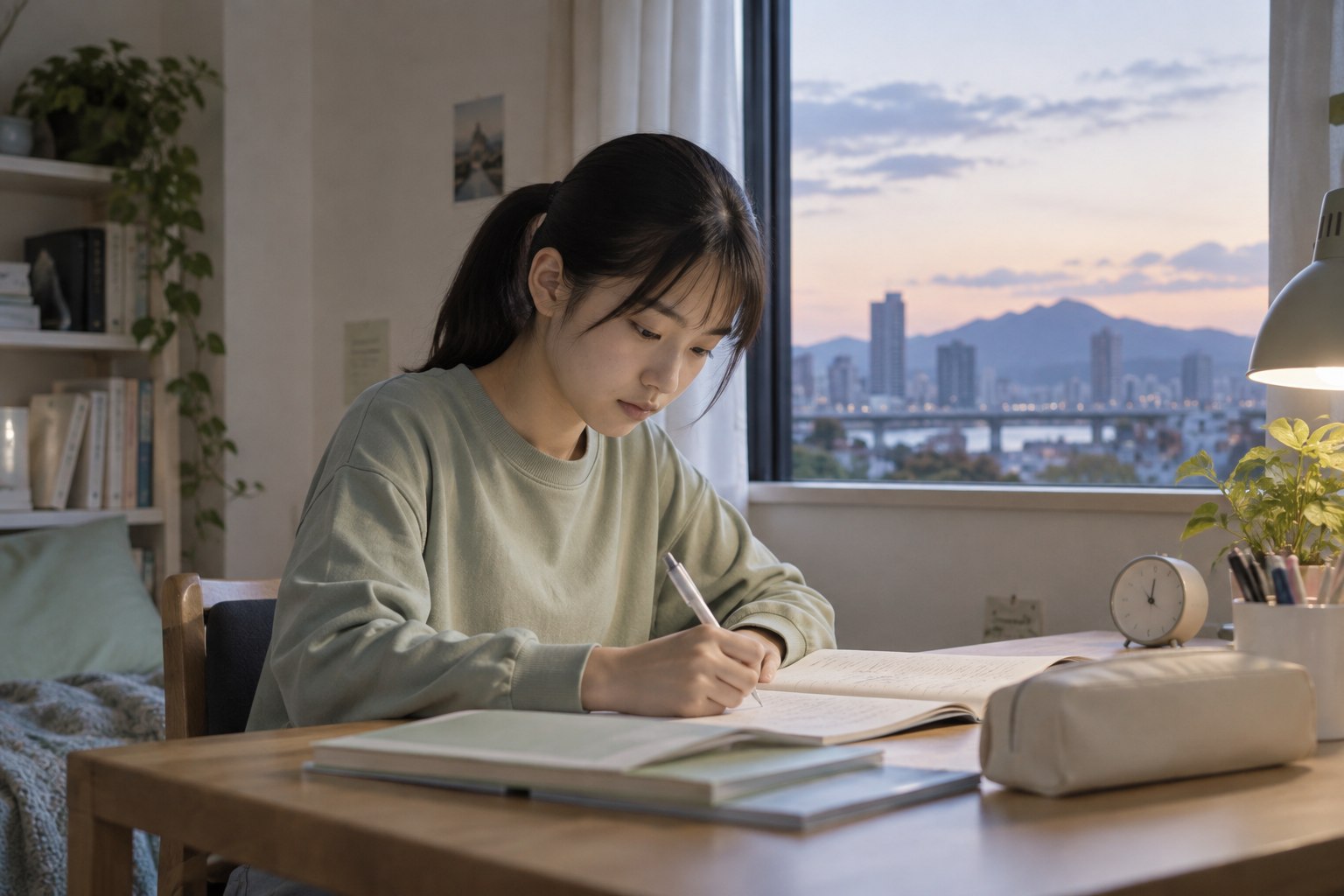 家庭教師の授業がない日に自宅で復習する中学生