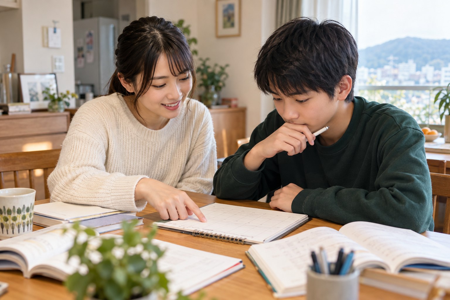 家庭教師と中学生が一週間の学習予定を相談する様子