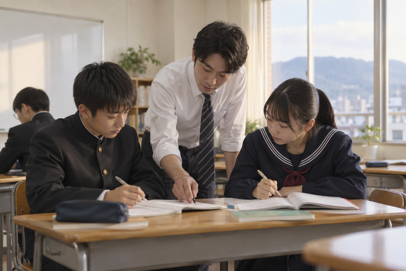 先生一人が二人の生徒を支える個別指導塾の授業風景
