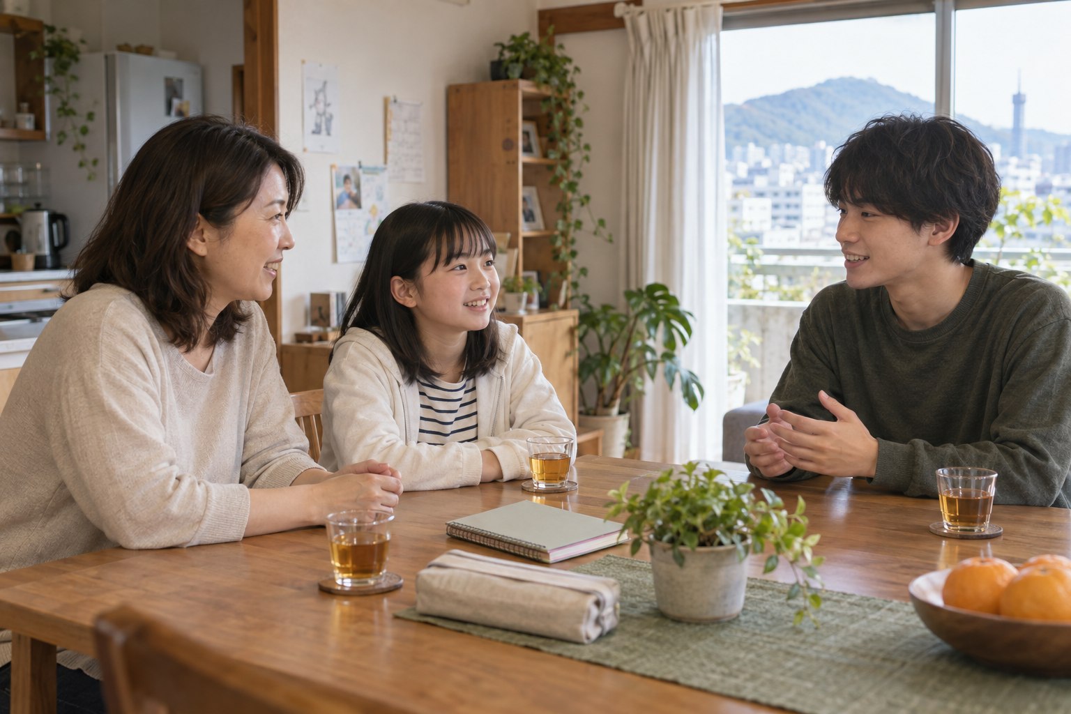 保護者と子どもが大学生の家庭教師と初回面談をする様子