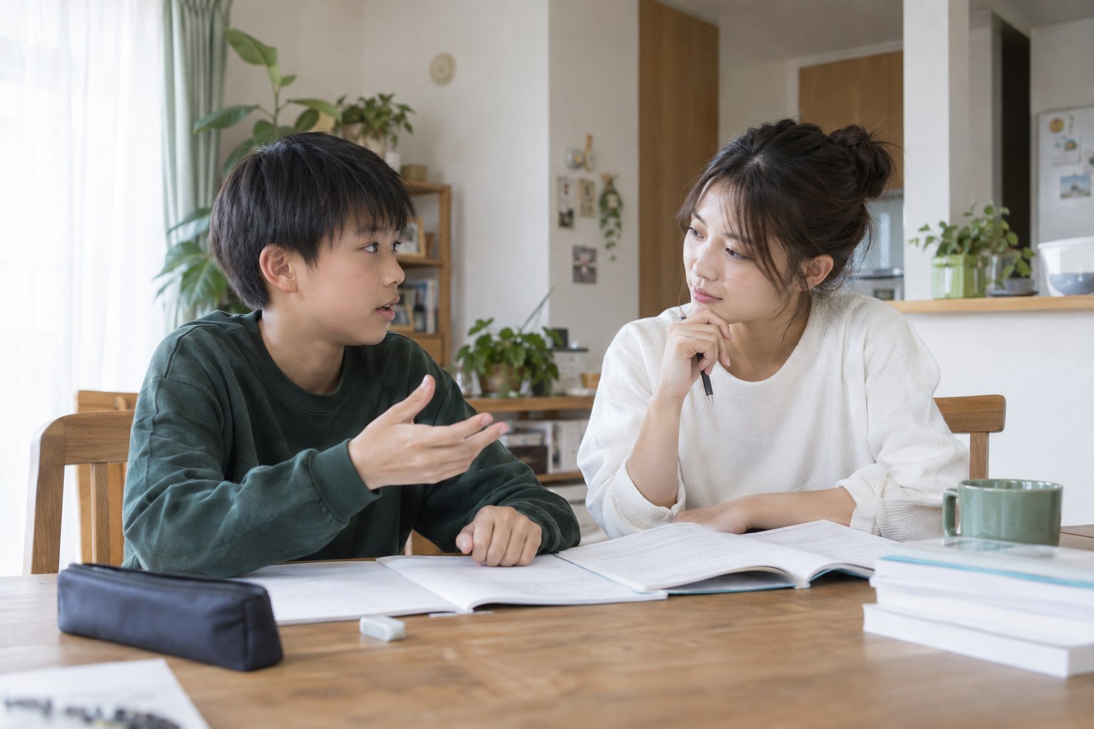 大学生の家庭教師が中学生の質問を聞く様子