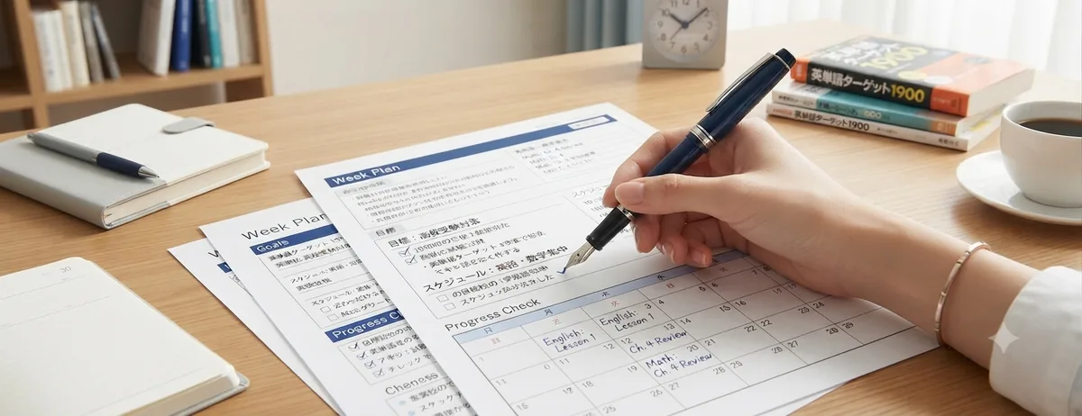初回面談で学習プランを一緒に書き込んでいく様子