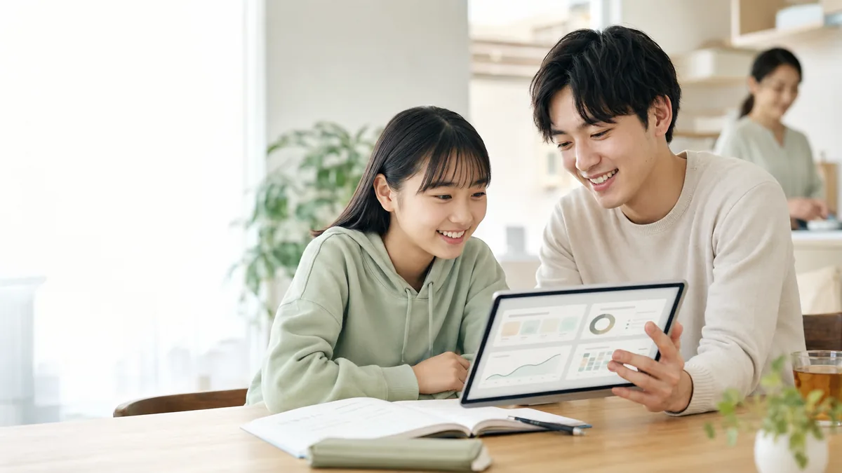 家庭でアプリの学習状況を見ながら生徒と相談するlumeraの先生