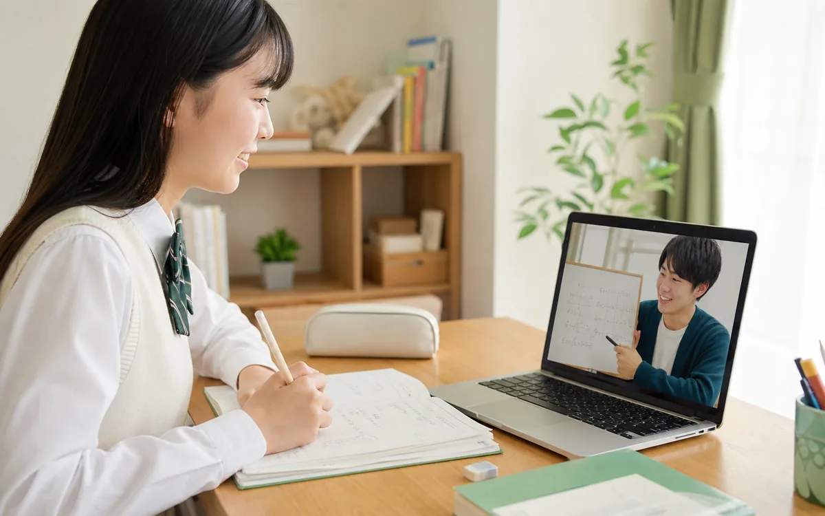 自宅から大学生講師のオンライン授業を受ける中学生